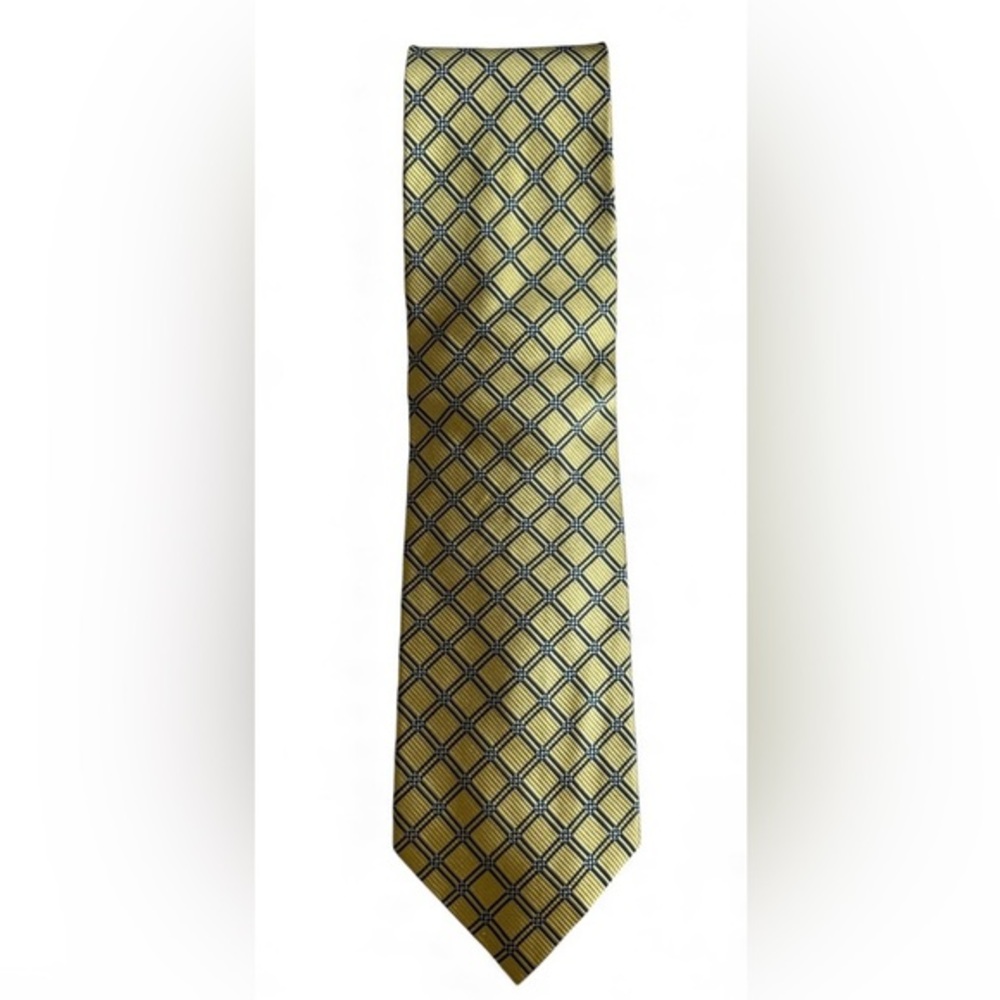 Roberto Villini Collezione Men’s Silk Tie – Gold Navy Geometric Italian Designer